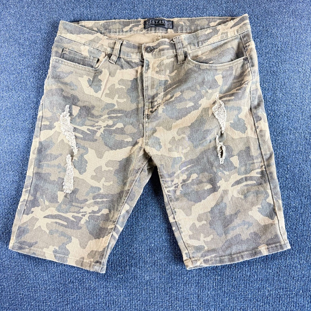 West‎ 49 Mens Slim Fit Camo Distressed Shorts Size 34 Green Brown Camouflage